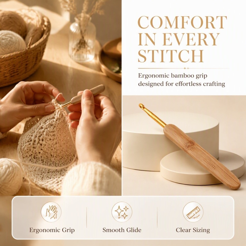 مجموعة من 8 قطع، مقاسات 2.5-6  - مراجعة Wooden Crochet Hooks Ergonomic Handle وسعره