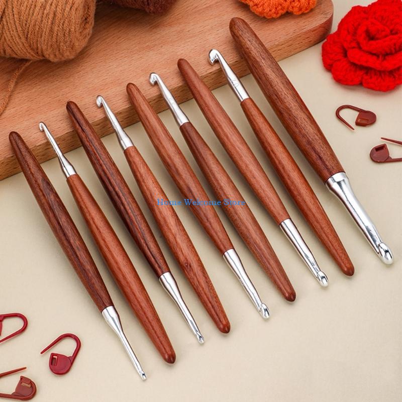 F68E 8 قطعة مقبض خشبي إبرة كرو - مراجعة Wooden Crochet Hooks Ergonomic Handle وسعره